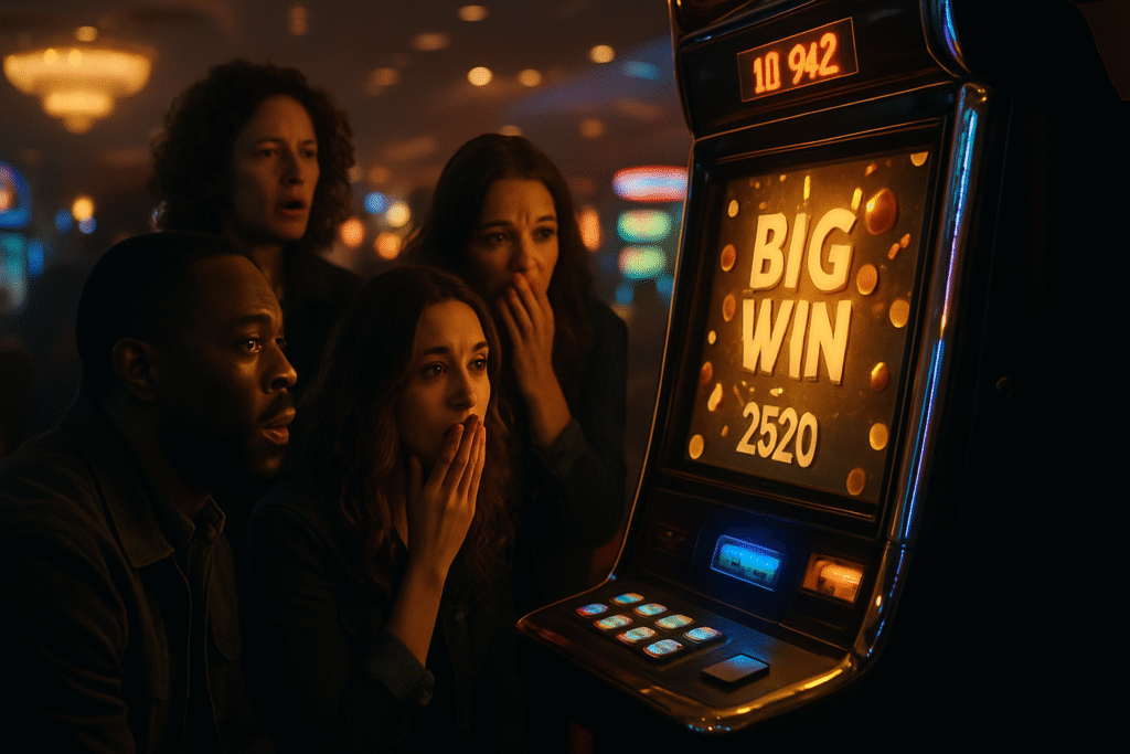 Diverse crowd watches a slot machine with a big win at a casino