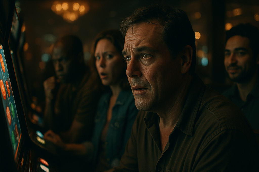 Middle-aged slot player shows hope and tension amid casino reactions