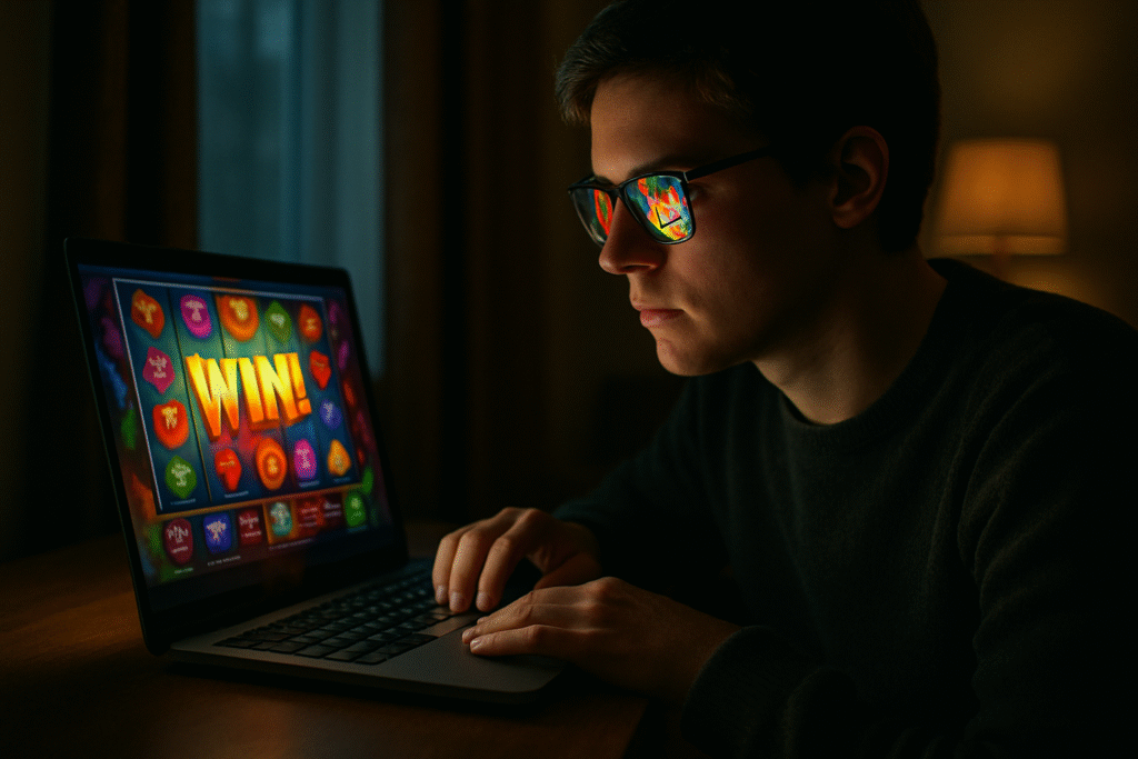 Person watching online slot win compilations on a laptop with vivid slot graphics reflected in glasses